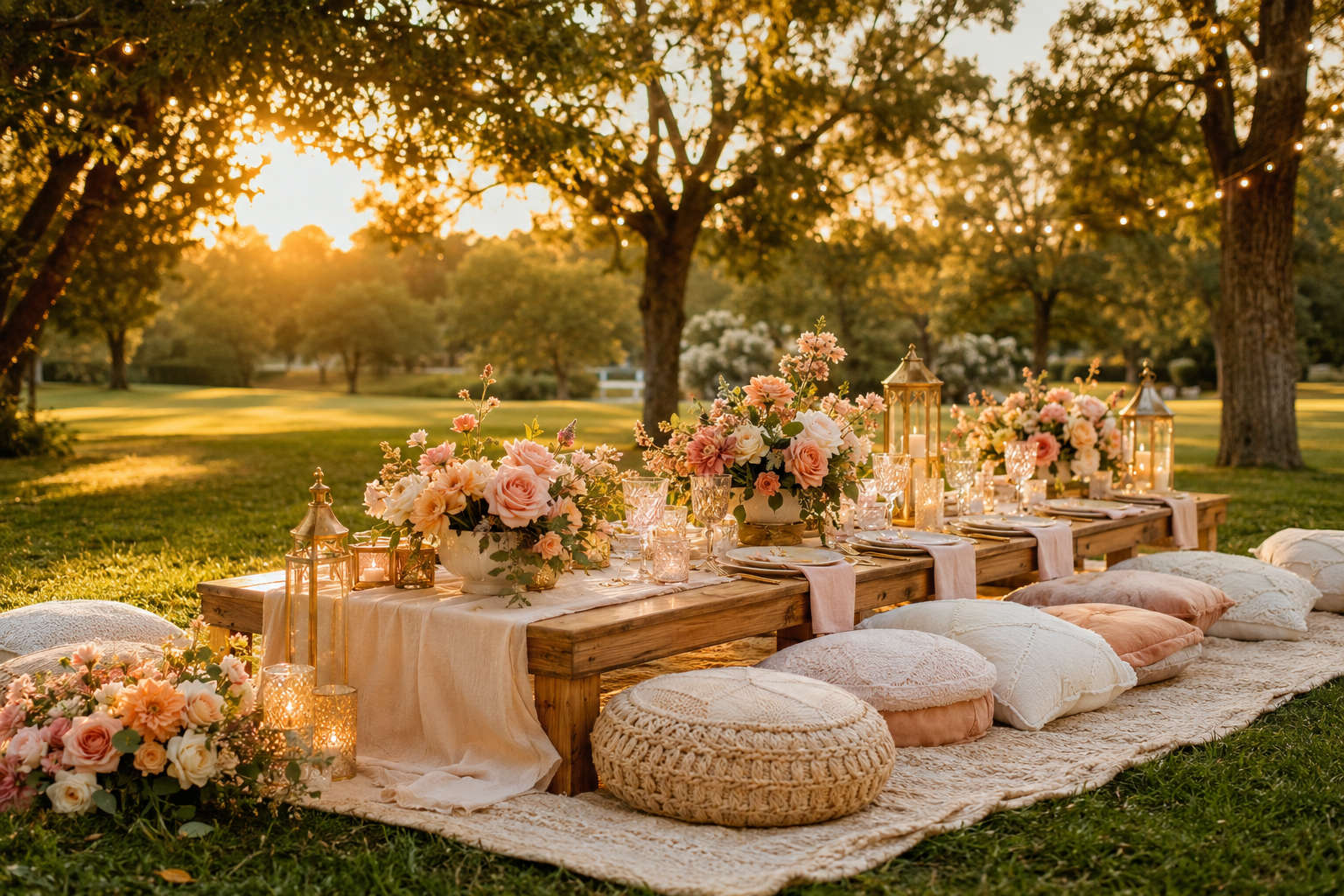 Luxury outdoor picnic with low table, cushions, and florals