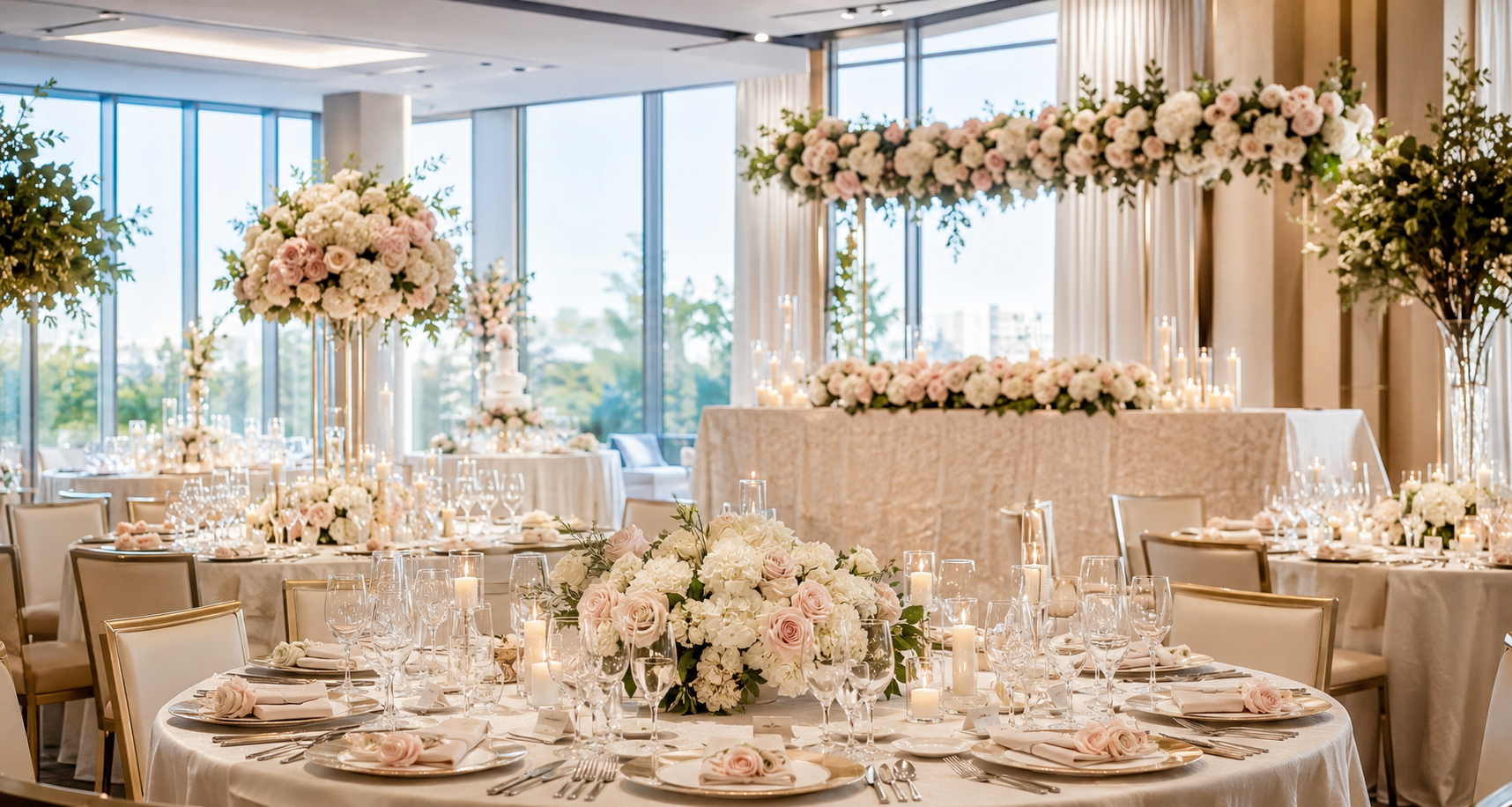Elegant wedding reception styled with flowers and candlelight